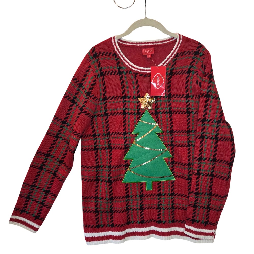 Joyland Christmas Sweater Womens XL Red Plaid Sequin Tree Holiday NWT Ugly